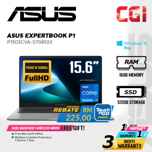 Asus 15.6" ExpertBook P1 P1503 Laptop Intel i7-13620H 16GB 512GB FHD Win11Pro 3Y Onsite - P1503CVA-S70892X