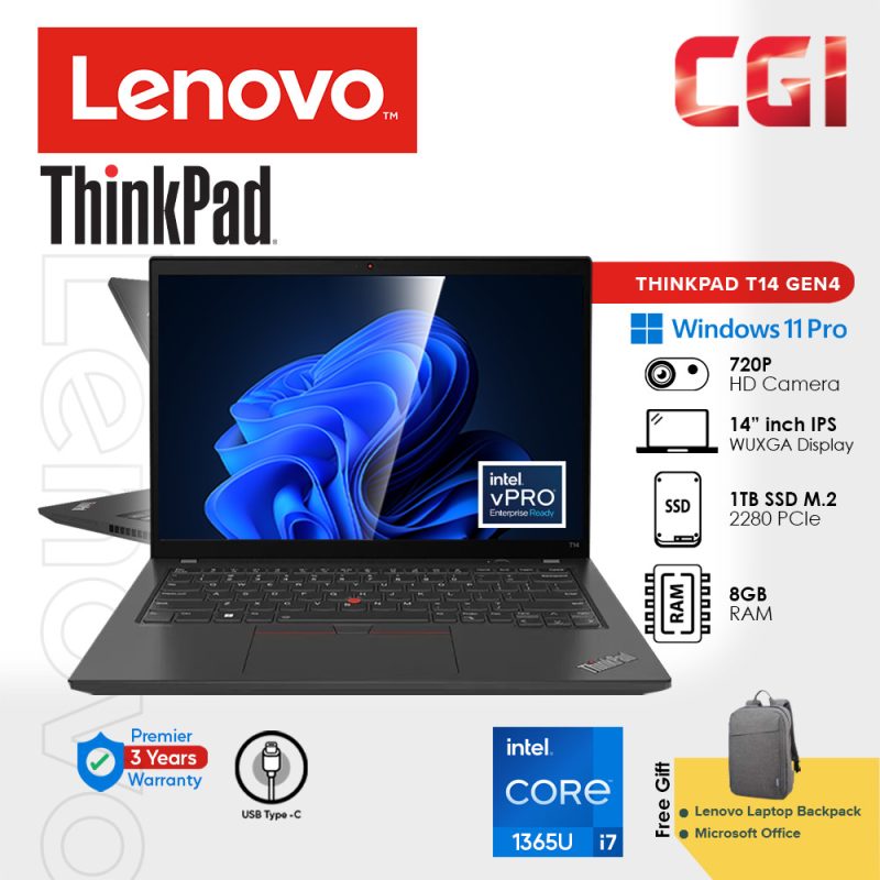 Lenovo 14″ Thinkpad T14 Gen 4 i7-1365U 8GB 1TB IPS WUXGA Win11Pro Intel vPro Enterprise With Office 3Y Premier Support
