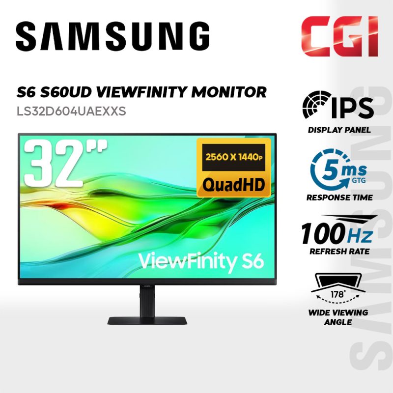 Samsung 32" Viewfinity S60OU LS32D604UAEXXY IPS QHD HDR10 100Hz 5ms Daisy Chain LAN USB-C Ergonomic Monitor
