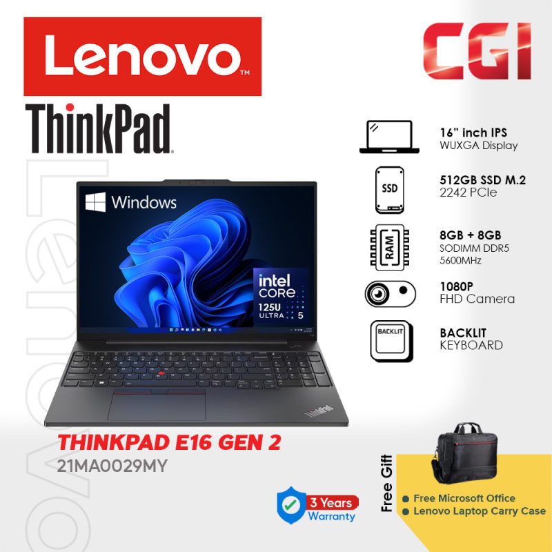 Lenovo 16"Thinkpad E16 Gen 2 ULT5-125U 16GB DDR5 512GB W11P WUXGA IPS With Office 3Y Onsite - 21MA0029MY