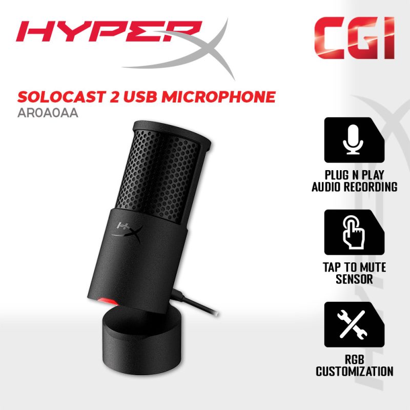 HyperX Solocast 2 Built-In Shock Mount & Pop Fillter USB-C Gaming PC Microphone - HPRX-AR0A0AA