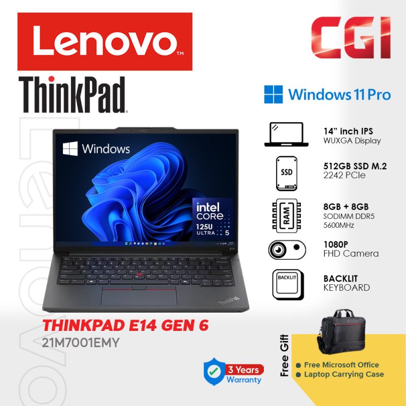 Lenovo 14"Thinkpad E14 Gen 6 ULT5-125U 16GB DDR5 512GB W11P WUXGA IPS With Office 3Y Onsite - 21M7001EMY