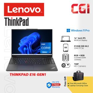 Lenovo 16" Thinkpad E16 Gen 1 Laptop Intel i7-1355U 16GB 512GB W11P WUXGA IPS With Office 3Y Onsite