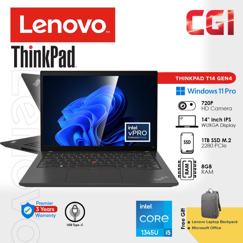 Lenovo 14″ Thinkpad T14 Gen 4 i5-1345U 8GB 1TB IPS WUXGA Win11Pro Intel vPro Enterprise With Office 3Y Premier Support