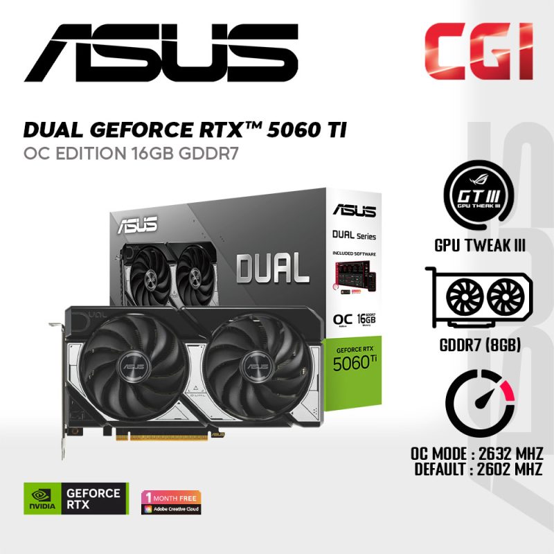 ASUS Dual GeForce RTX™ 5060 Ti 16GB GDDR7 OC Overclock Edition - DUAL-RTX5060TI-O16G