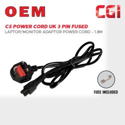 C5 Power Cord UK 3 Pin Fused Laptop Power Cord - 1.8m (For Laptop Adaptor / Monitor)