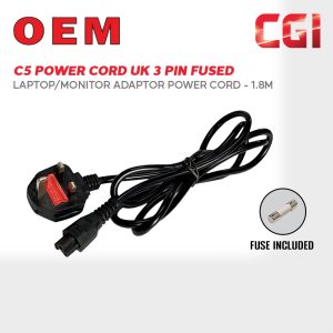 C5 Power Cord UK 3 Pin Fused Laptop Power Cord - 1.8m (For Laptop Adaptor / Monitor)