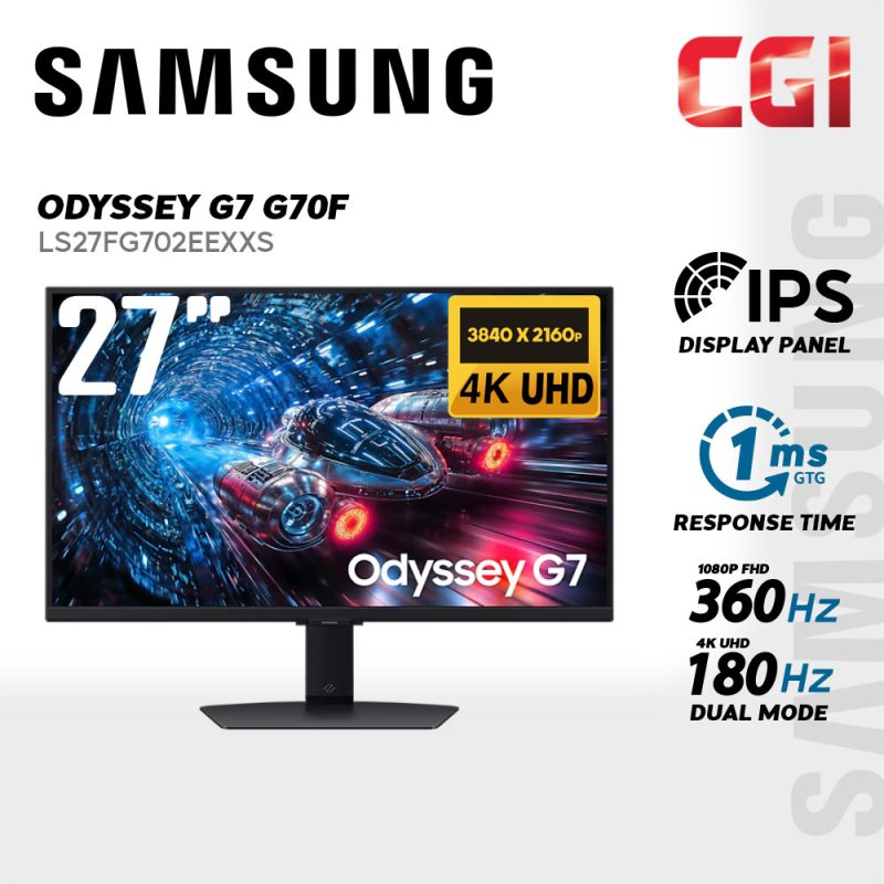 Samsung 27" Odyssey LS27FG702EEXXS G7 G70F Fast IPS 4K 180Hz/FHD 360Hz 1ms HDR10+ Freesync Dual Mode Ergonomic Gaming Monitor
