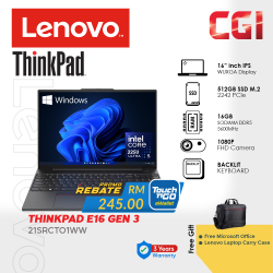 Lenovo 16" Thinkpad E16 Gen 3 Laptop ULT5 225U 16GB DDR5 512GB Backlit Win11Pro WUXGA IPS 3YO With Office