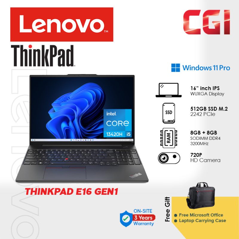 Lenovo 16" Thinkpad E16 Gen 1 Laptop Intel i5-13420H 16GB 512GB W11P WUXGA IPS With Office 3Y Onsite