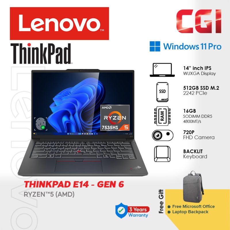 Lenovo 14" Thinkpad E14 Gen 6 R5-7535HS Integrated 16GB 512GB WUXGA Win11Pro With Office 3Y Onsite