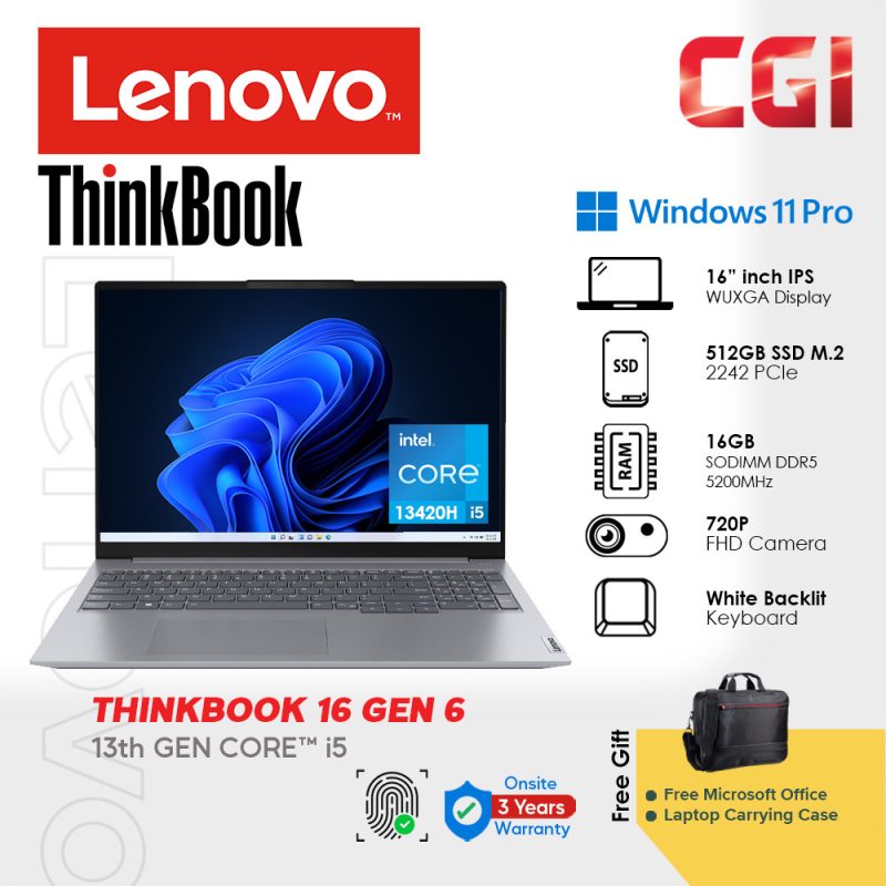 Lenovo 16" Thinkbook 16 Gen 6 i5-13420H 16GB DDR5 512GB WUXGA IPS Win11Pro With Office 3Y Onsite Laptop