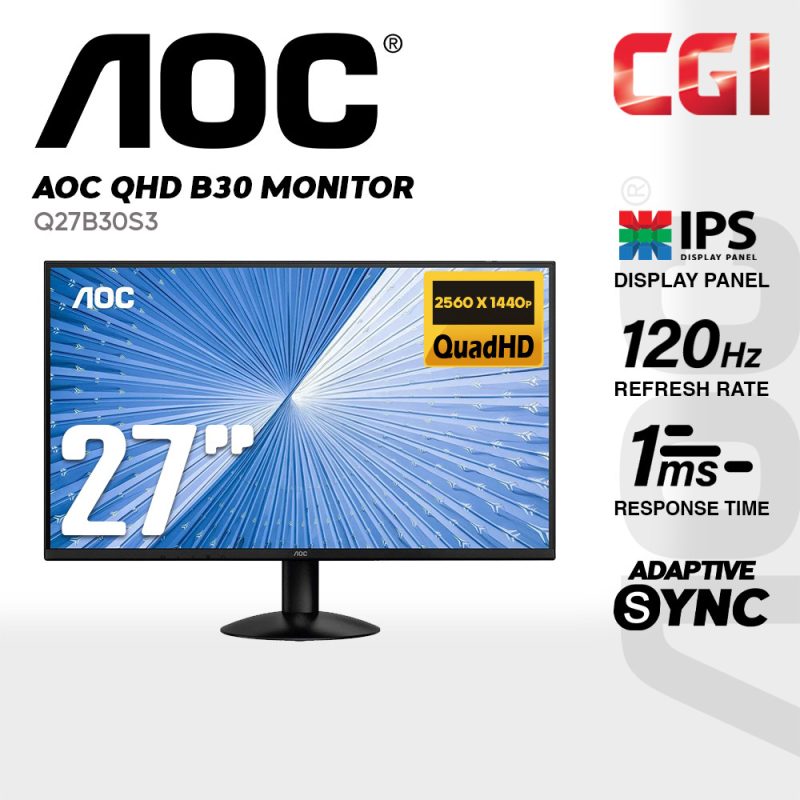 AOC 27" Q27B30S3 IPS QHD HDR10 Adaptive Sync 120Hz 1ms 3-Side Frameless Monitor