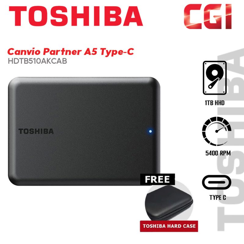 Toshiba 1TB HDTB510AKCAB Canvio Partner A5 Type-C Portable Hard Drive - Black