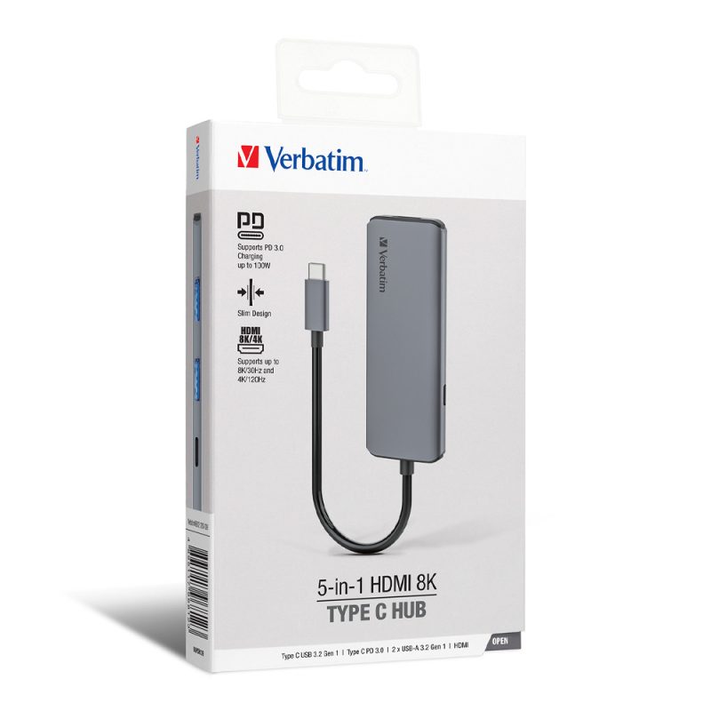 09ab45c9b534c9885cce40b729c3071a.jpeg Verbatim 66812 5-in-1 USB & 8K HDMI Hub with 100W PD 3.0 Charging - Grey