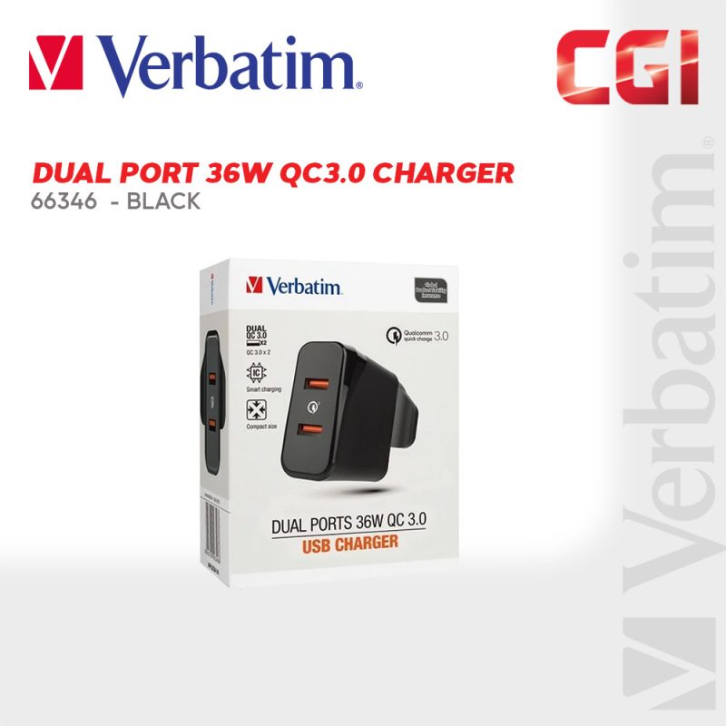0b83aa598dabcf679cdc1a266cef070d.jpeg Verbatim 66346 Dual Port 36W QC3.0 Charger - Black