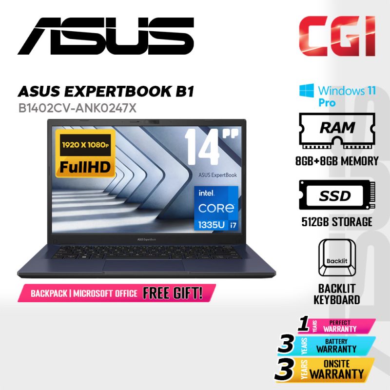 Asus 14" ExpertBook B5 Laptop Intel Core 7 150U 16GB DDR5 1TB WUXGA Win11Pro 3Y Onsite - B5404CV-AQ71176X