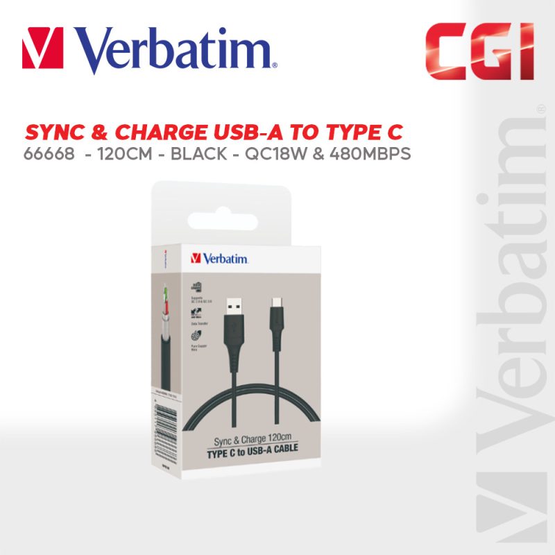 Verbatim 66668 120cm Sync & Charge USB to Type-C PVC Cable (QC18W & 480Mbps) - Black