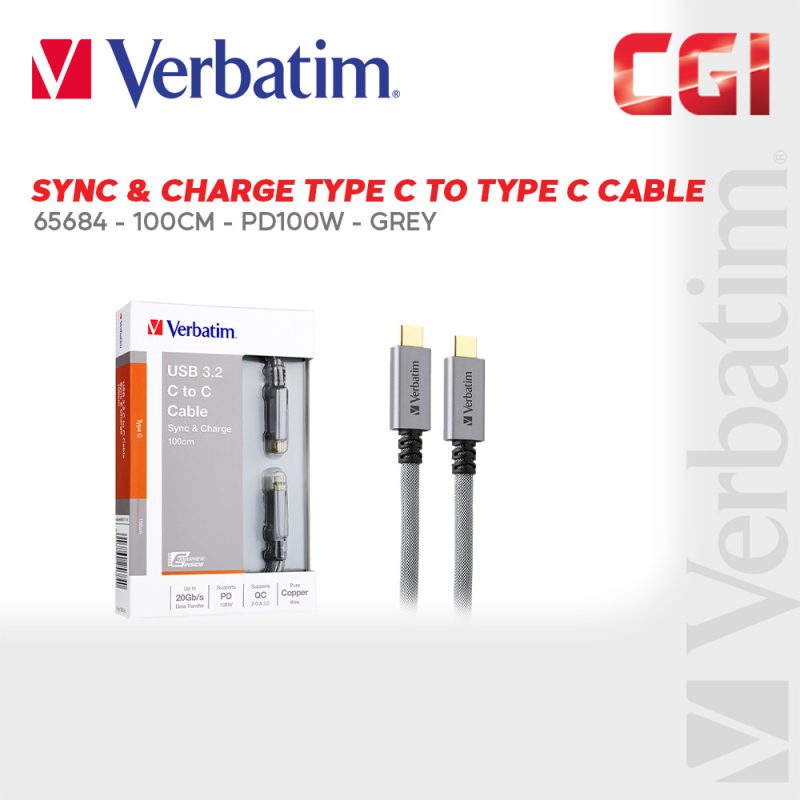 Verbatim 65684 100cm Sync & Charge E-Marker Metallic TypeC to Type-C 3.2 Cable (PD 100W?- Grey