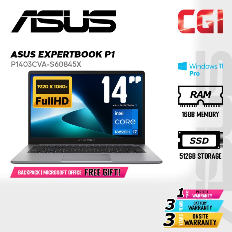 Asus 14" ExpertBook P1 P1403 Laptop Intel i7-13620H 16GB 512GB FHD Win11Pro 3Y Onsite - P1403CVA-S60845X