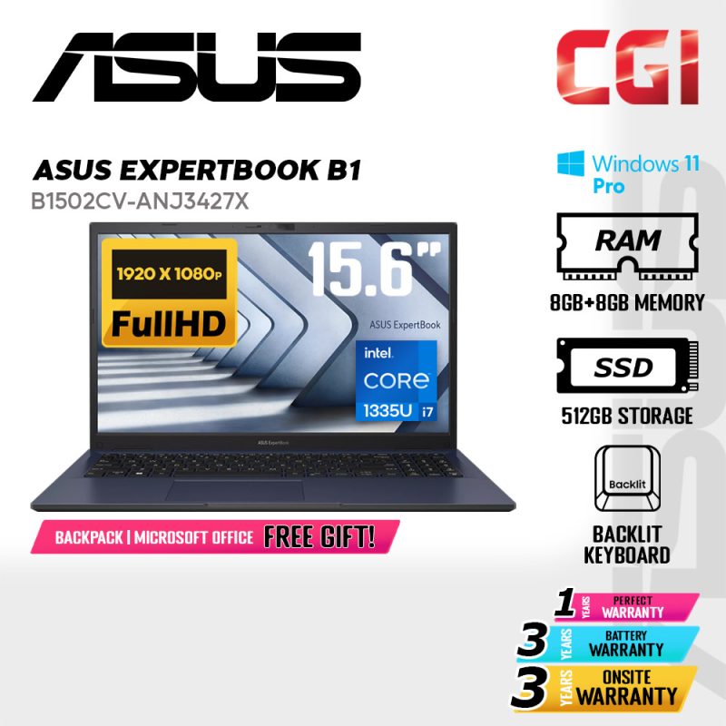 Asus 15.6" ExpertBook B1 B1502CVA Laptop Intel i7-1355U 8G+8G 512G FHD Win11Pro 3Y Onsite - B1502CV-ANJ3427X