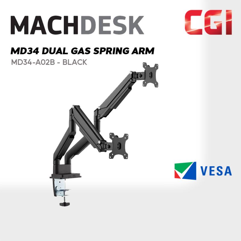 MachDesk MD34 Dual Performance Gas Spring Monitor Arm - Black (MD34-A02B)
