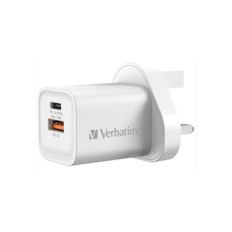 3e0121d2f0e40a8c4eccc23ac1d723be.jpeg Verbatim 66791 2 Port 33W PD & QC 3.0 GaN Charger - White