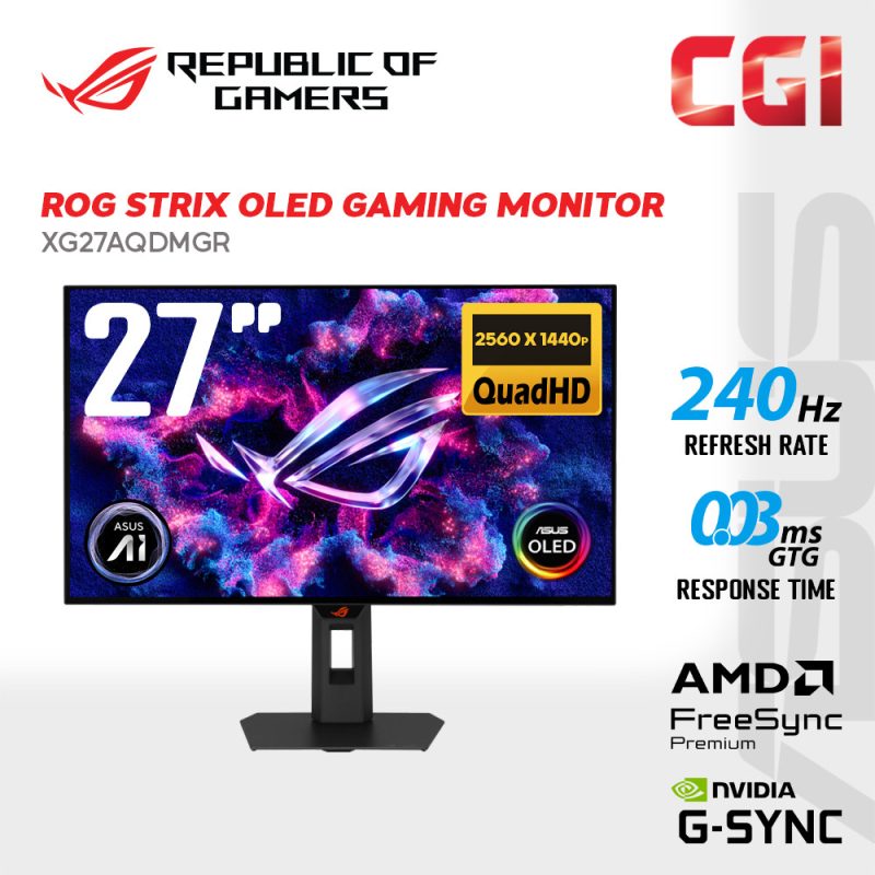 Asus 27" ROG Strix XG27AQDMGR QHD TrueBlack Glossy OLED G-Sync Freesync 240Hz 0.03ms Ergonomic Gaming Monitor