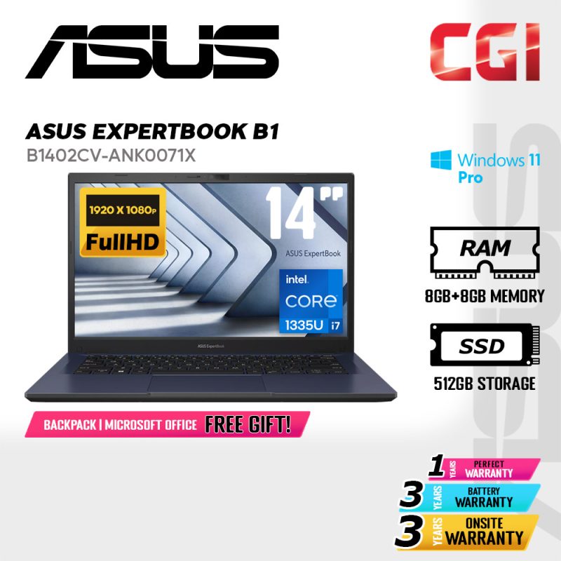 Asus 14" Expertbook B1 B1402CVA Laptop Intel i7-1355U 16GB 512GB FHD Win11Pro 3Y Onsite - B1402CV-ANK0071X
