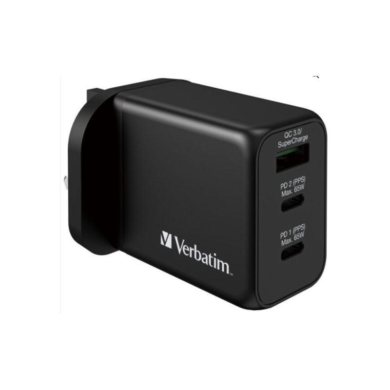 4b0fdc32fbc4459107936f30664e6583.jpeg Verbatim 66716 3 Port 65W PD 3.0 & QC 3.0 GaN Charger - Black