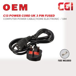 C13 Power Cord UK 3 Pin Fused Computer Power Cable - 1.8m (Monitor / Home Electronic)