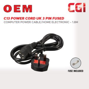 C13 Power Cord UK 3 Pin Fused Computer Power Cable - 1.8m (Monitor / Home Electronic)