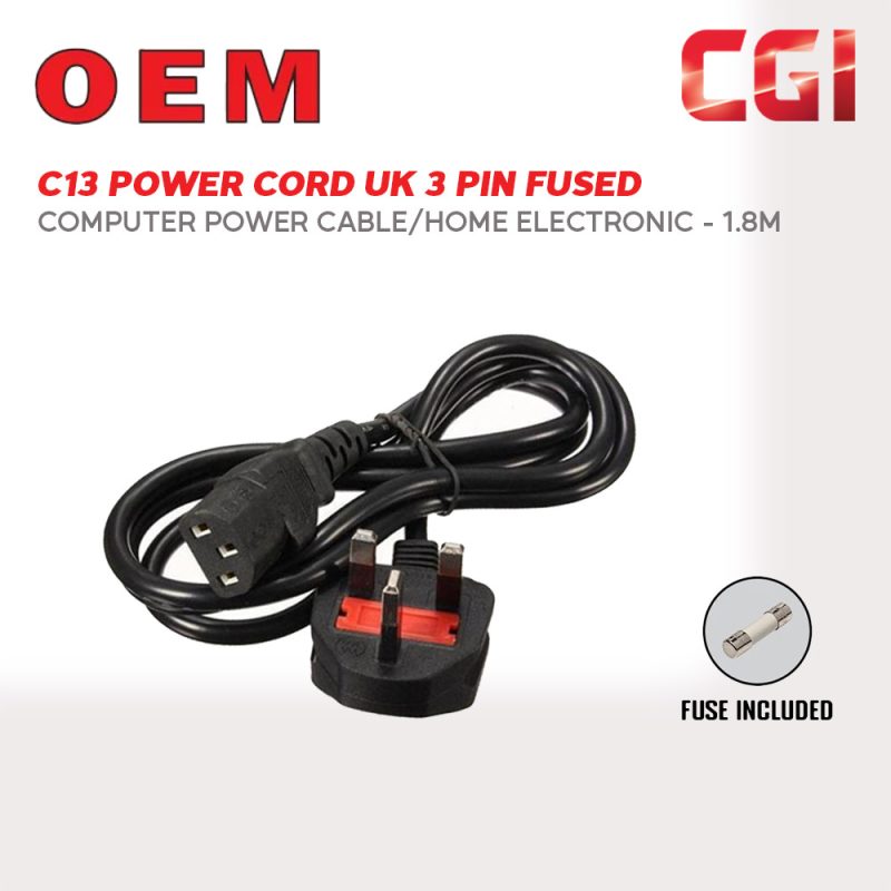 C13 Power Cord UK 3 Pin Fused Computer Power Cable - 1.8m (Monitor / Home Electronic)