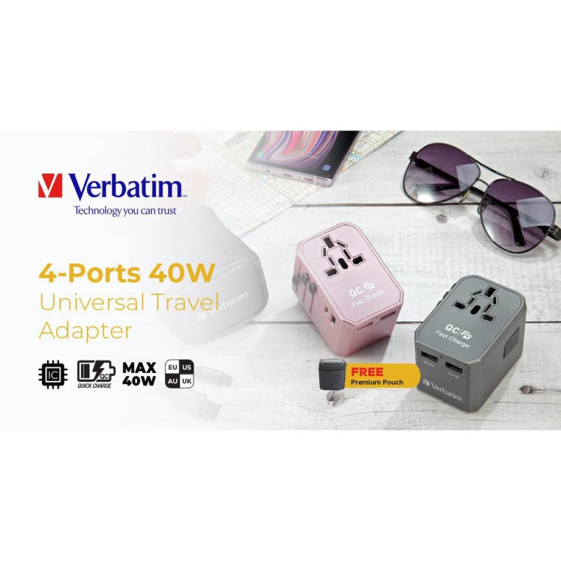 Verbatim 66433 4-Ports 45W PD & QC Universal Portable Travel Adapter - Grey