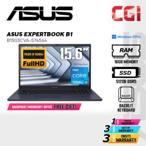 Asus 15.6" Expertbook B1503CVA Laptop i5-1334U 16GB 512GB FHD Win11Pro 3Y Onsite - B1503CVA-S74564