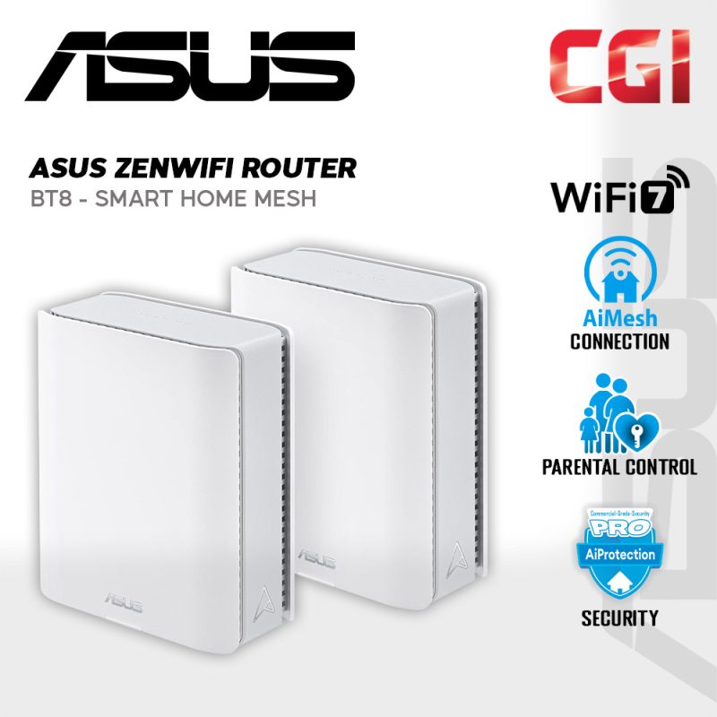Asus ZenWiFi BT8 Tri-Band WiFi 7 6 GHz 14 Gbps 5900 sq.ft Parental Control Smart Aimesh Extendable Router (2PK in White)