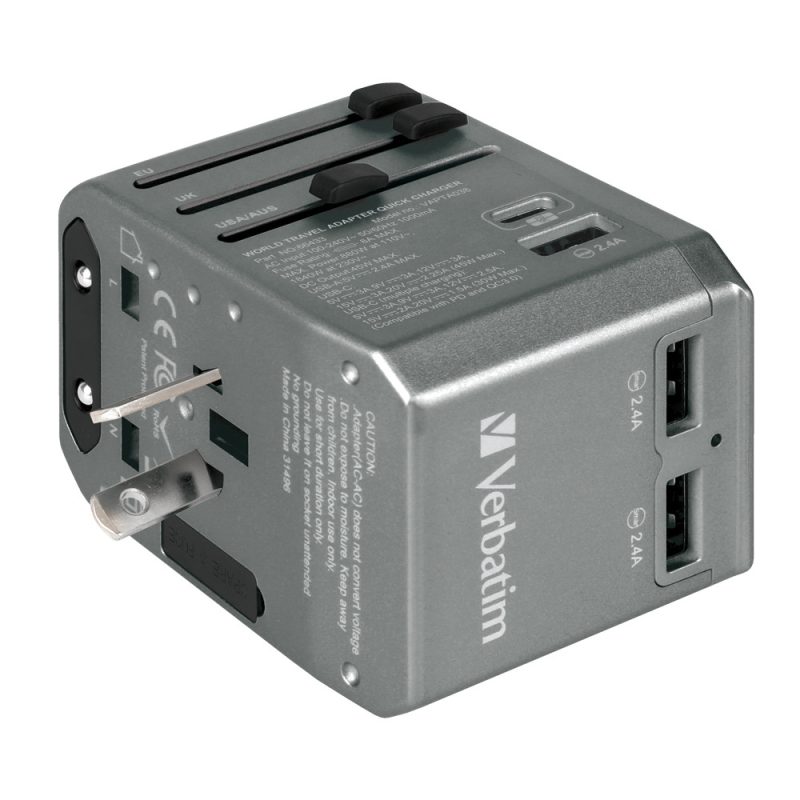 Verbatim 66433 4-Ports 45W PD & QC Universal Portable Travel Adapter - Grey