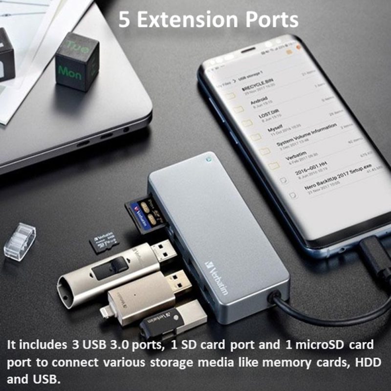 6d56eb8d7824a87f092e7533755416b4.jpeg Verbatim 65679 5-in-1 USB-C 3.1 & Card Reader Hub - Grey