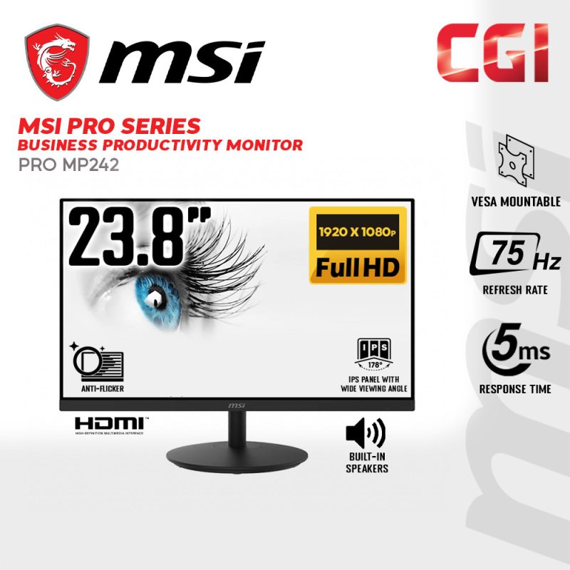 MSI 23.8" MP242 Full HD 5ms 75Hz IPS Productivity Monitor with Built-in Speaker