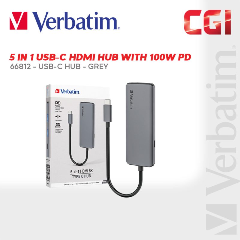 6f9c8fddc105fb259220e3e455532922.jpeg Verbatim 66812 5-in-1 USB & 8K HDMI Hub with 100W PD 3.0 Charging - Grey
