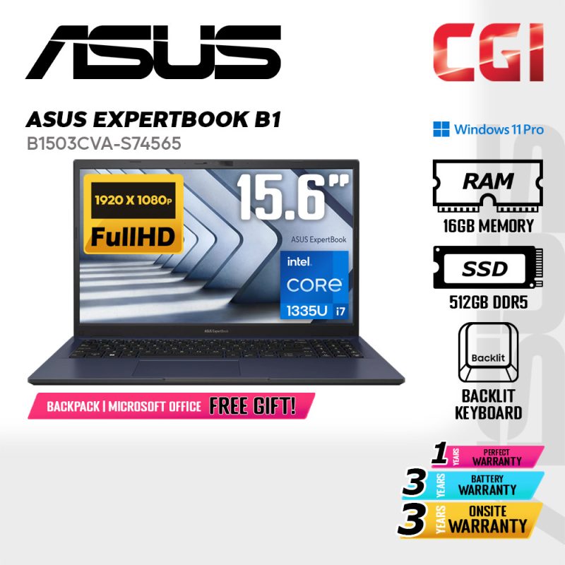 Asus 15.6" Expertbook B1 B1503 i7-1335U 16GB 512GB FHD Win11Pro 3Y Onsite - B1503CVA-S74565