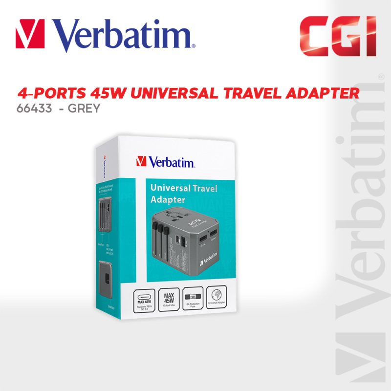 Verbatim 66433 4-Ports 45W PD & QC Universal Portable Travel Adapter - Grey