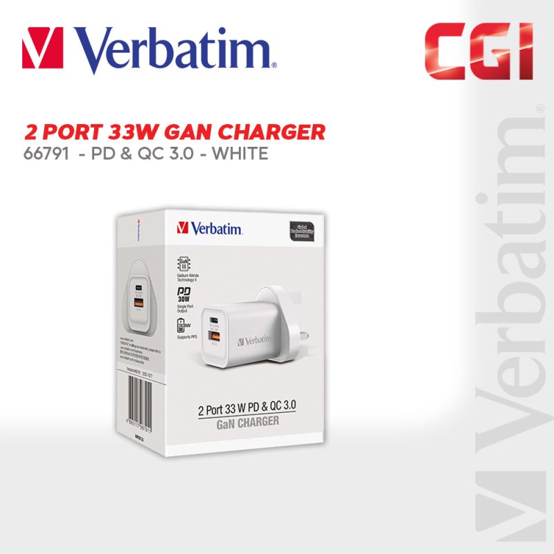 92f163a52d649d466cfe01da92136bfe.jpeg Verbatim 66791 2 Port 33W PD & QC 3.0 GaN Charger - White