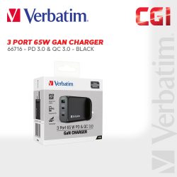 Verbatim 66716 3 Port 65W PD 3.0 & QC 3.0 GaN Charger - Black