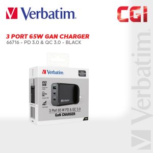 93a07ef8bc5e1759967dae2bf472a628.jpeg Verbatim 66716 3 Port 65W PD 3.0 & QC 3.0 GaN Charger - Black