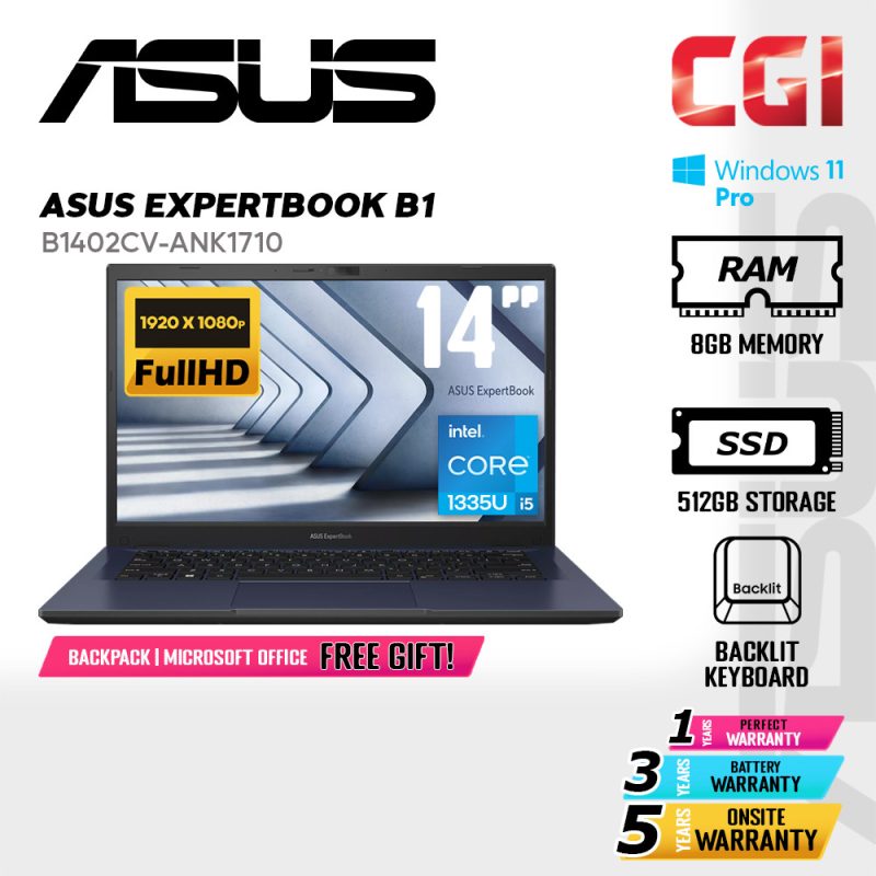 Asus 14" ExpertBook B1402CVA Laptop i5-1335U 16G 512GB FHD TN Win11Pro 5Y Onsite - B1402CV-ANK1710
