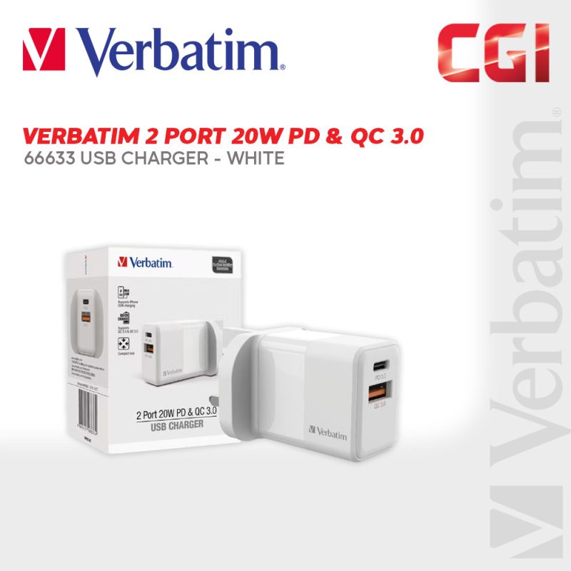 a8a72ad1b955b469a2389442fa698786.jpeg Verbatim 66633 2 Port 20W PD & QC 3.0 USB Charger - White