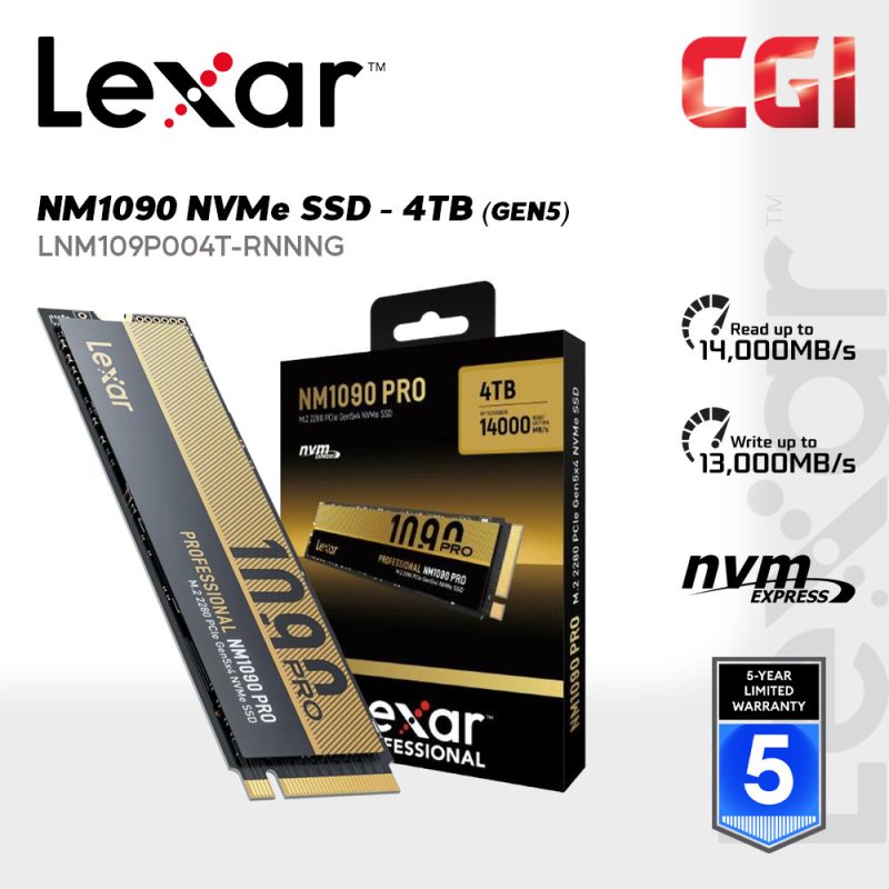 Lexar 4TB Professional NM1090 PRO PCIe 5.0 NVMe M.2.2280 SSD - LNM109P004T