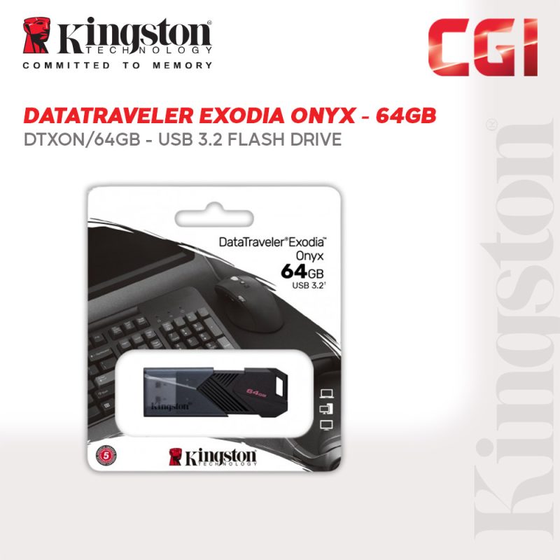 Kingston 64GB Datatraveler Exodia Onyx Type-A USB 3.2Gen 1 Flash Drive - DTXON/64GB