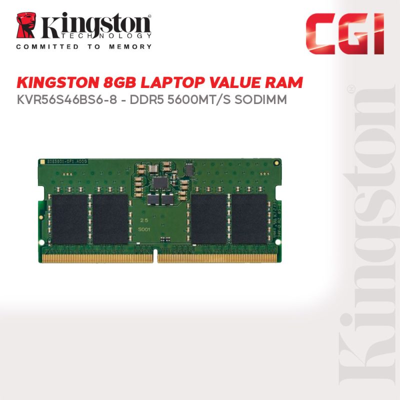 Kingston 8GB 5600Mhz DDR5 CL46 262-Pin SODIMM Laptop Memory KVR56S46BS6-8